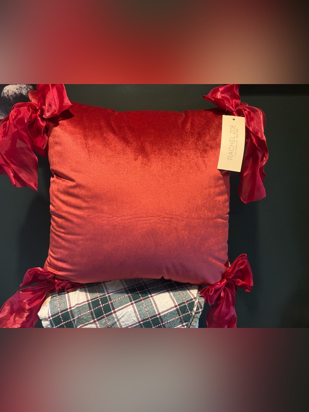 NWT Rachel Zoe Crimson Velvet Pillow with Ribbon Bows
